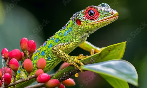 Wallpaper Mural A vibrant green lizard with red features perched on a branch among colorful berries. Torontodigital.ca