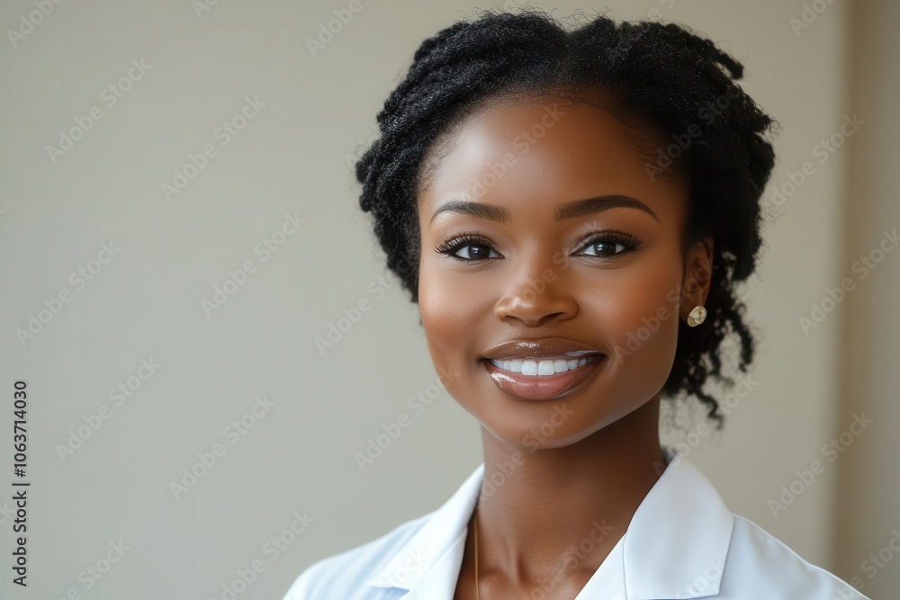 portrait of a confident black female doctor in a white coat her warm smile radiating professionalism and compassion set against a clean white background emphasizing her role in healthcare portrait of a confident black female doctor in a white coat her warm smile radiating professionalism and compassion set against a clean white background emphasizing her role in healthcare