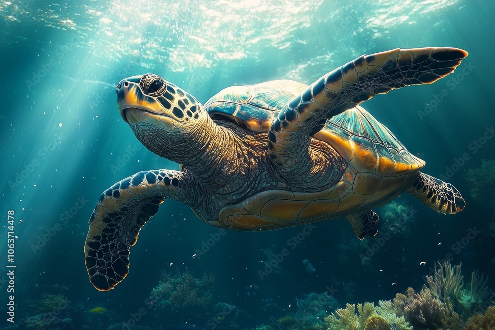 Obraz premium Sea turtle swimming in the ocean over a coral reef