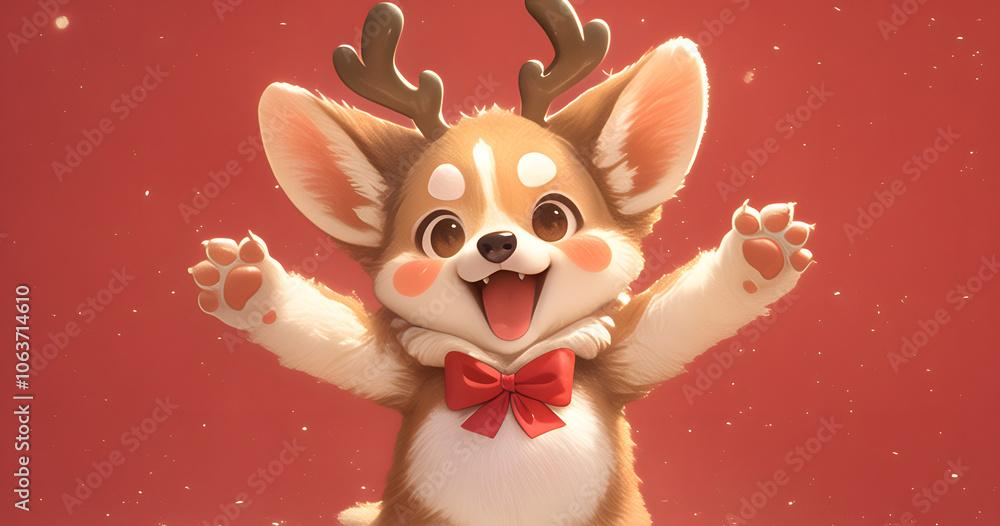 Naklejka premium Cute Reindeer Puppy with Red Bow.