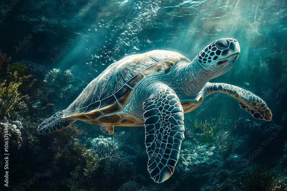Obraz premium Sea turtle swimming in the ocean near coral reef