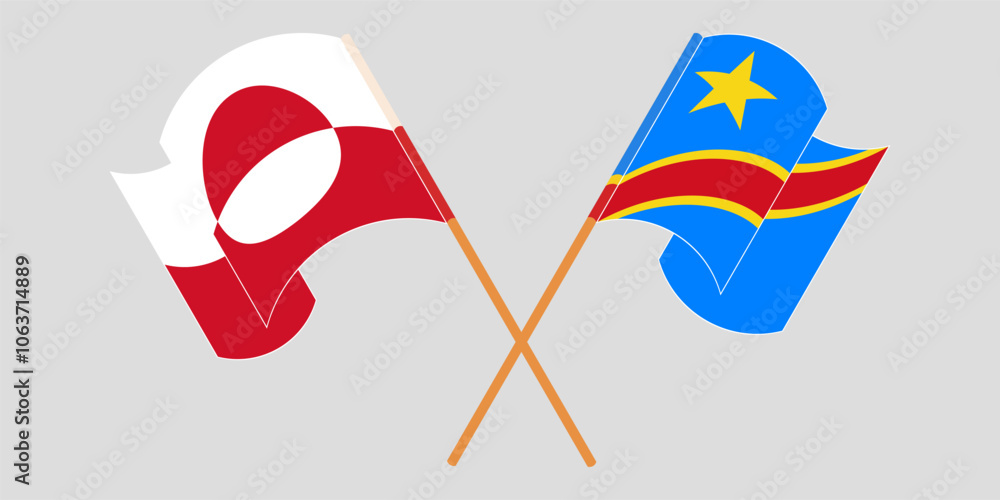 Crossed and waving flags of Greenland and Democratic Republic of the Congo. Vector illustration Crossed and waving flags of Greenland and Democratic Republic of the Congo. Vector illustration