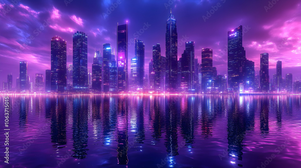 Fototapeta premium Neon Cityscape Reflection - Digital Illustration
