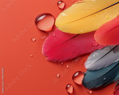 Abstract arrangement of colorful feathers with water droplets, highlighting the interaction between bold colors and the reflective droplets.