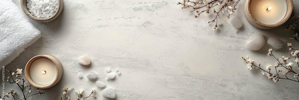 Zen style of spa and massage product, spa accessories, white towel and candle, spa salt, aroma oil and stones minimal banner with copy space Zen style of spa and massage product, spa accessories, white towel and candle, spa salt, aroma oil and stones minimal banner with copy space