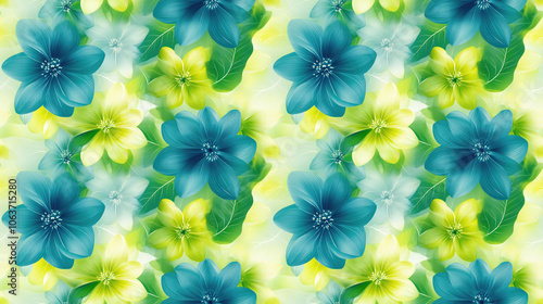 Modern floral print featuring a seamless pattern of vibrant green and blue flowers ideal for fabric design and home decor photo