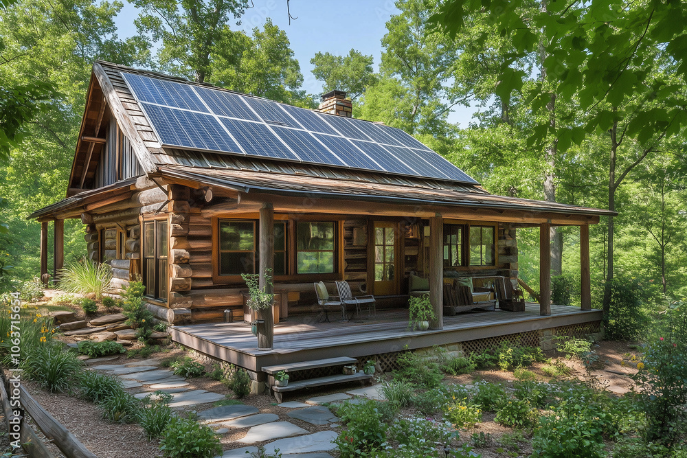 Solar-powered log cabin nestled among trees, providing a rustic retreat with renewable energy.