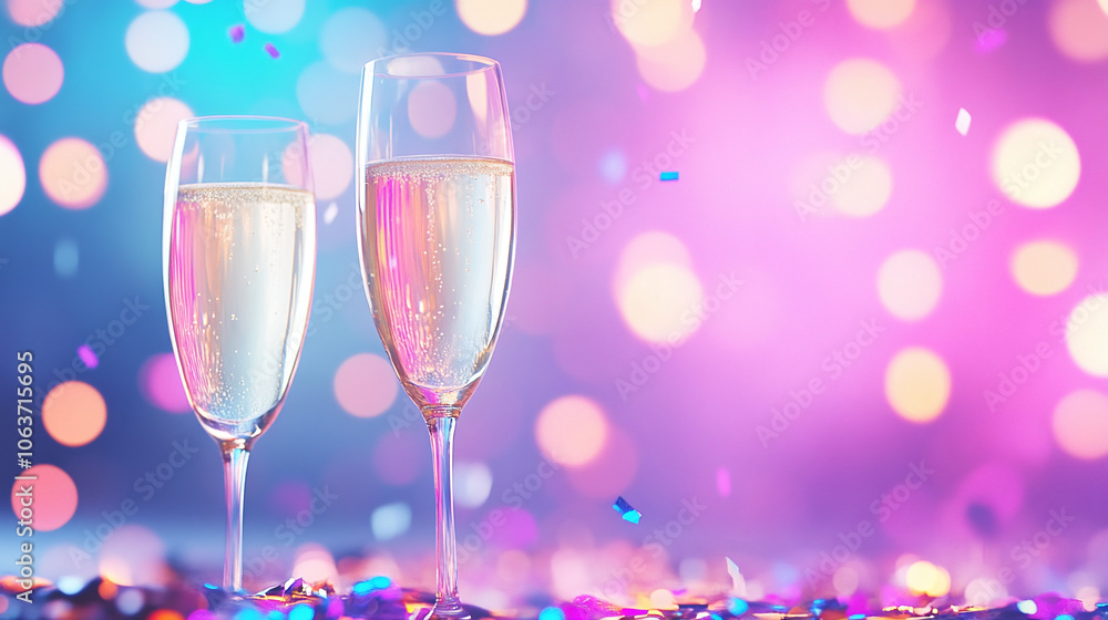 two glasses of champagne and christmas decorations blurred on the background. two glasses of champagne and christmas decorations blurred on the background.