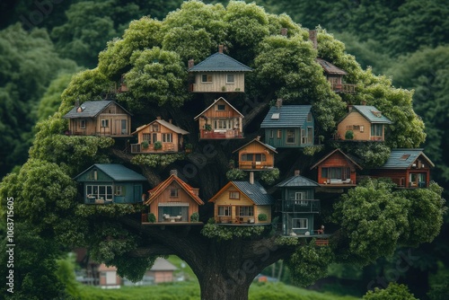 Miniature tree houses growing on a large tree in a lush green forest