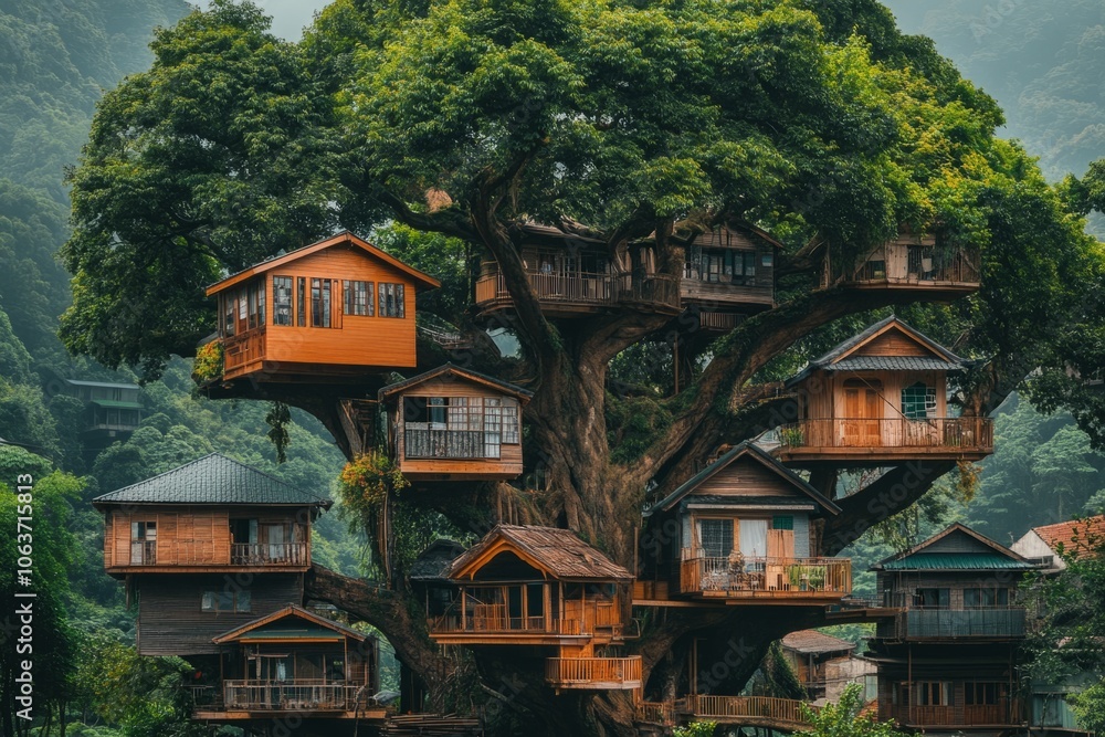 Wooden tree houses creating a unique village in the forest canopy Wooden tree houses creating a unique village in the forest canopy