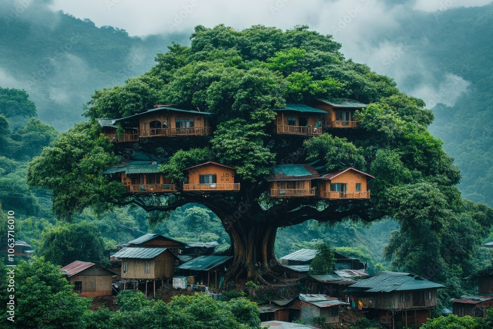 Fototapeta premium Wooden treehouses standing in lush green forest creating a fairytale village