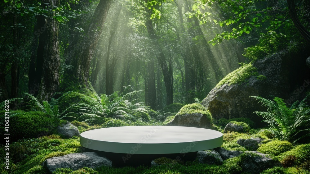 Mystical Forest Product Display Platform with Natural Moss and Fern Setting Mystical Forest Product Display Platform with Natural Moss and Fern Setting