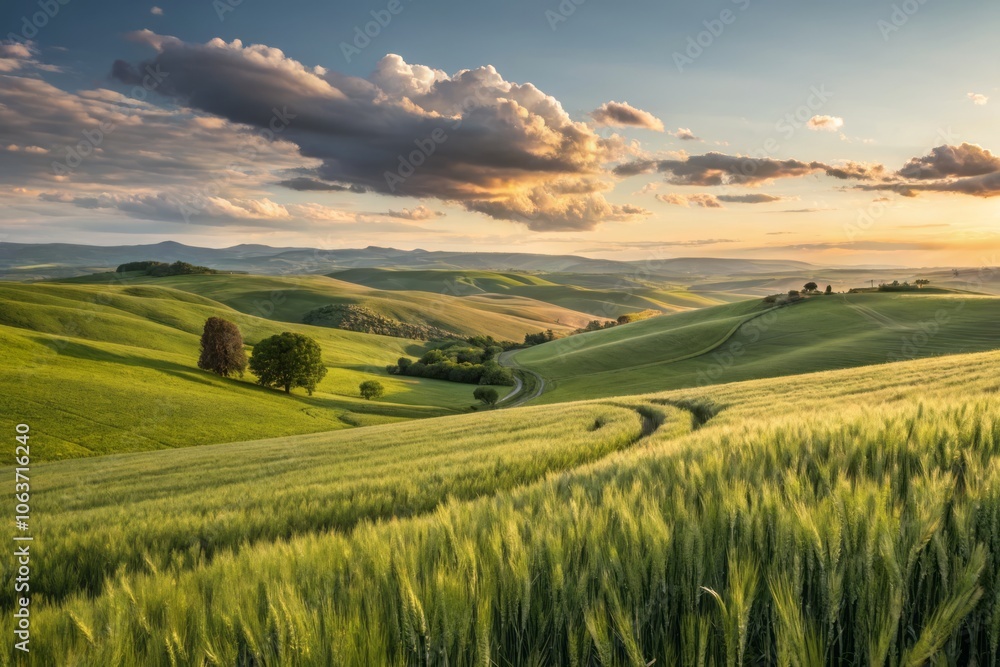 Obraz premium Serene Green Wheat Fields in Rolling Hills Under a Clear Sky for Tranquil Nature Imagery