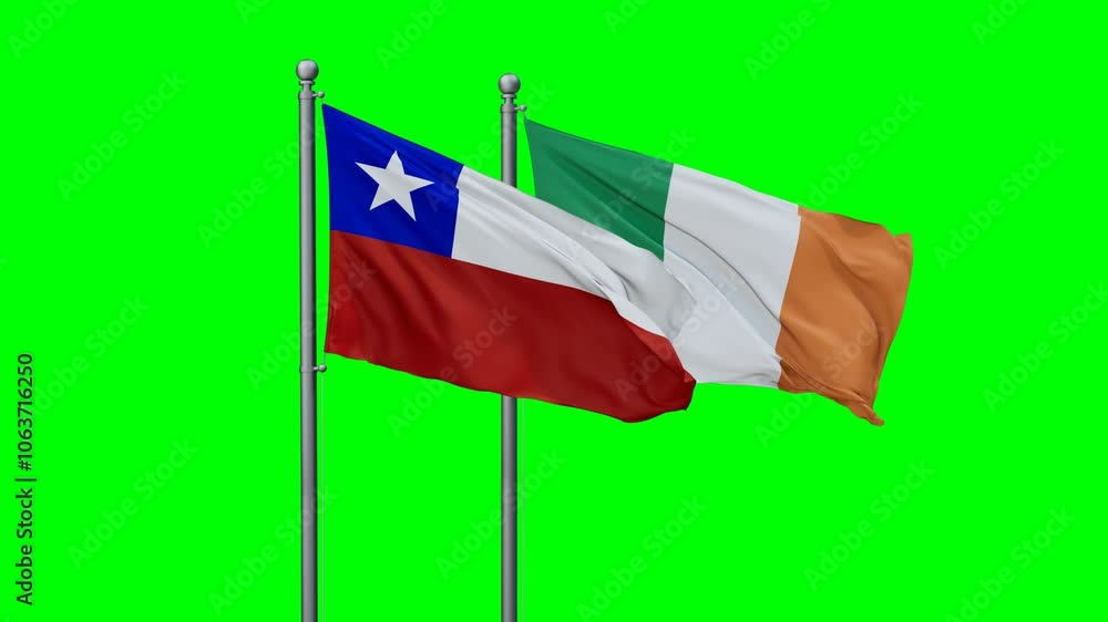 Ireland and Chile flags flying together, video concept of the relationship with colored chroma key for easy background remove Ireland and Chile flags flying together, video concept of the relationship with colored chroma key for easy background remove