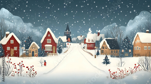Snowy Village Illustration ...