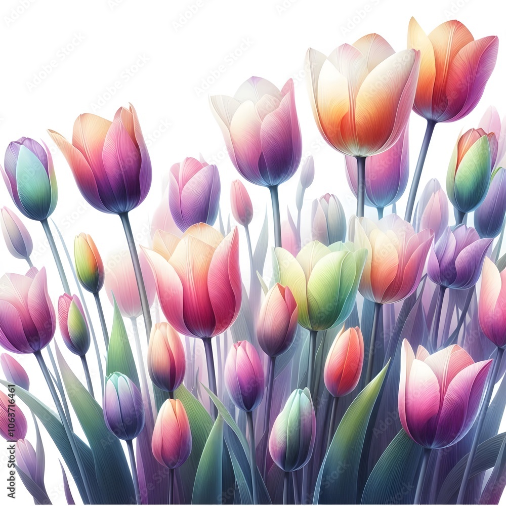 Fototapeta premium 흰 배경, 오로라 색상의 튤립, 수채화 (white background, aurora color Tulip, water colour)