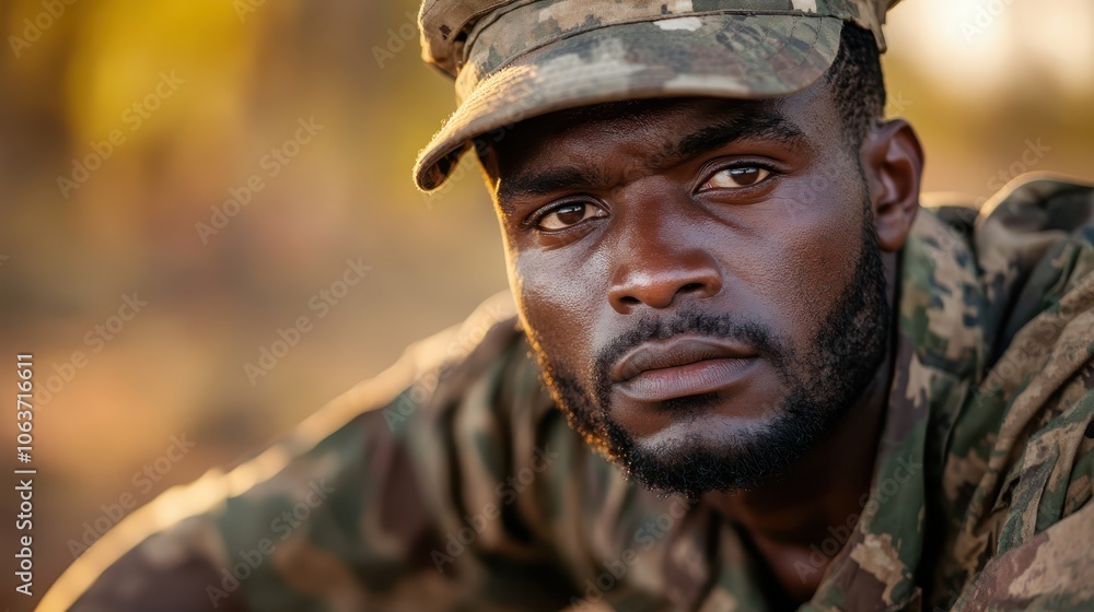 A determined soldier in military uniform sits in a natural outdoor environment, exuding strength and focus amidst a backdrop of earthy colors and sunlight. A determined soldier in military uniform sits in a natural outdoor environment, exuding strength and focus amidst a backdrop of earthy colors and sunlight.