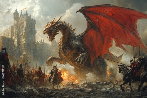 Huge dragon attacking medieval knights on horseback during battle photo