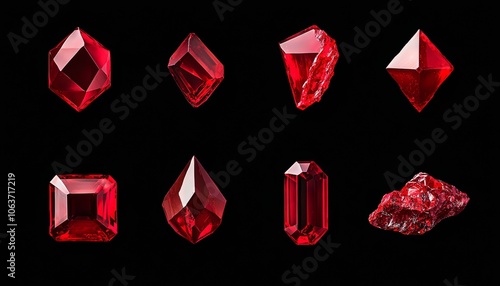 Dark red jewels in various shapes and cuts, each stone's facet reflecting a subtle sparkle against a black backdrop. photo