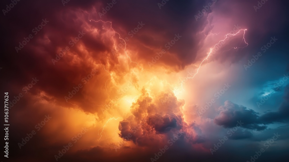 A vibrant display of lightning brightens a multicolored cloudscape, creating an enchanting atmosphere that blends nature's raw energy with artistic, visual poetry. A vibrant display of lightning brightens a multicolored cloudscape, creating an enchanting atmosphere that blends nature's raw energy with artistic, visual poetry.