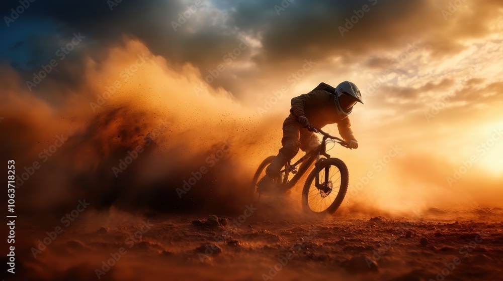 A cyclist speeds through a golden desert landscape, kicking up clouds of dust as the dramatic lighting accentuates the action-packed and breathtaking outdoor adventure. A cyclist speeds through a golden desert landscape, kicking up clouds of dust as the dramatic lighting accentuates the action-packed and breathtaking outdoor adventure.
