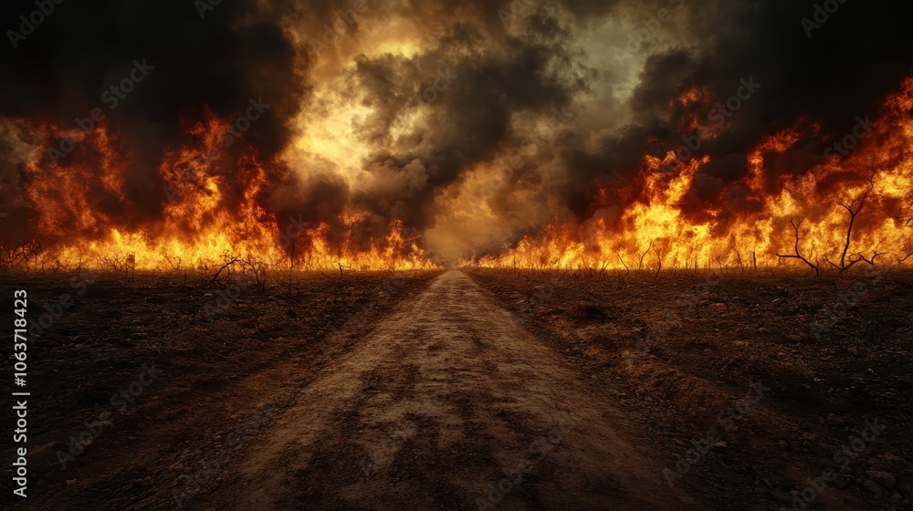 An intense scene with fiery flames lining a rural trail, creating a vivid and mesmerizing pathway engulfed in a striking blaze under dramatic skies. An intense scene with fiery flames lining a rural trail, creating a vivid and mesmerizing pathway engulfed in a striking blaze under dramatic skies.