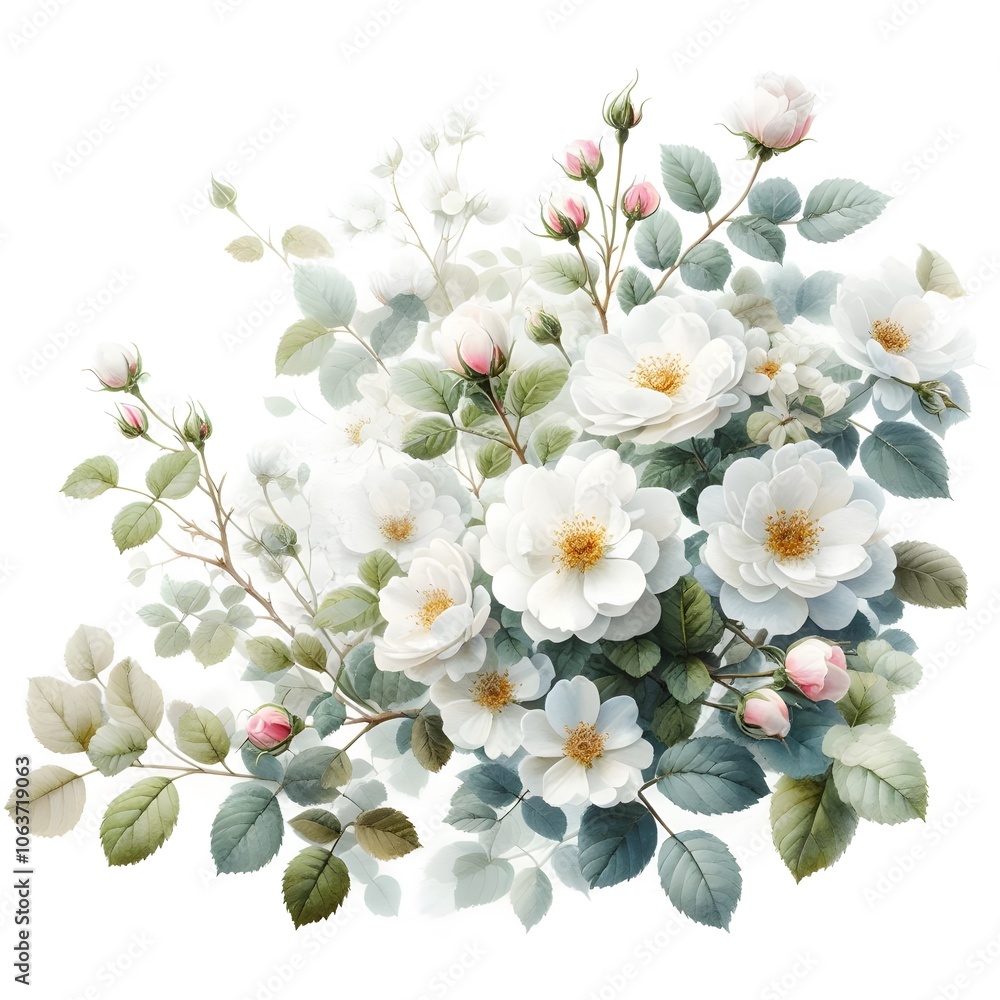 Fototapeta premium 흰 배경, 찔레꽃, 수채화 (white background, Multiflora rose, water colour)