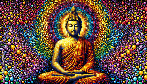 Illustration of buddha statue with colorful dot background 