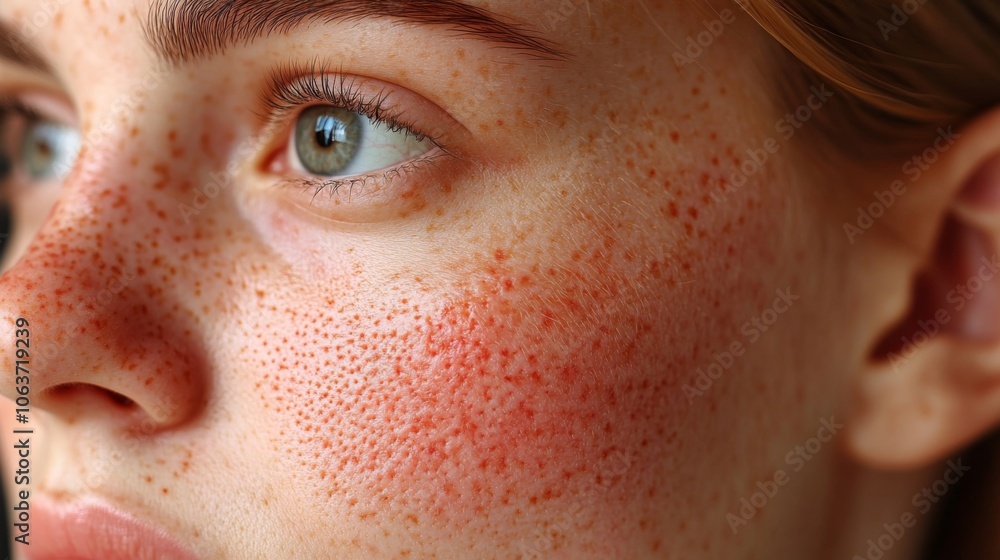 A young woman showcases a vibrant complexion with freckles across her cheeks, highlighting natural beauty in soft daylight indoors, emphasizing skin texture. A young woman showcases a vibrant complexion with freckles across her cheeks, highlighting natural beauty in soft daylight indoors, emphasizing skin texture.