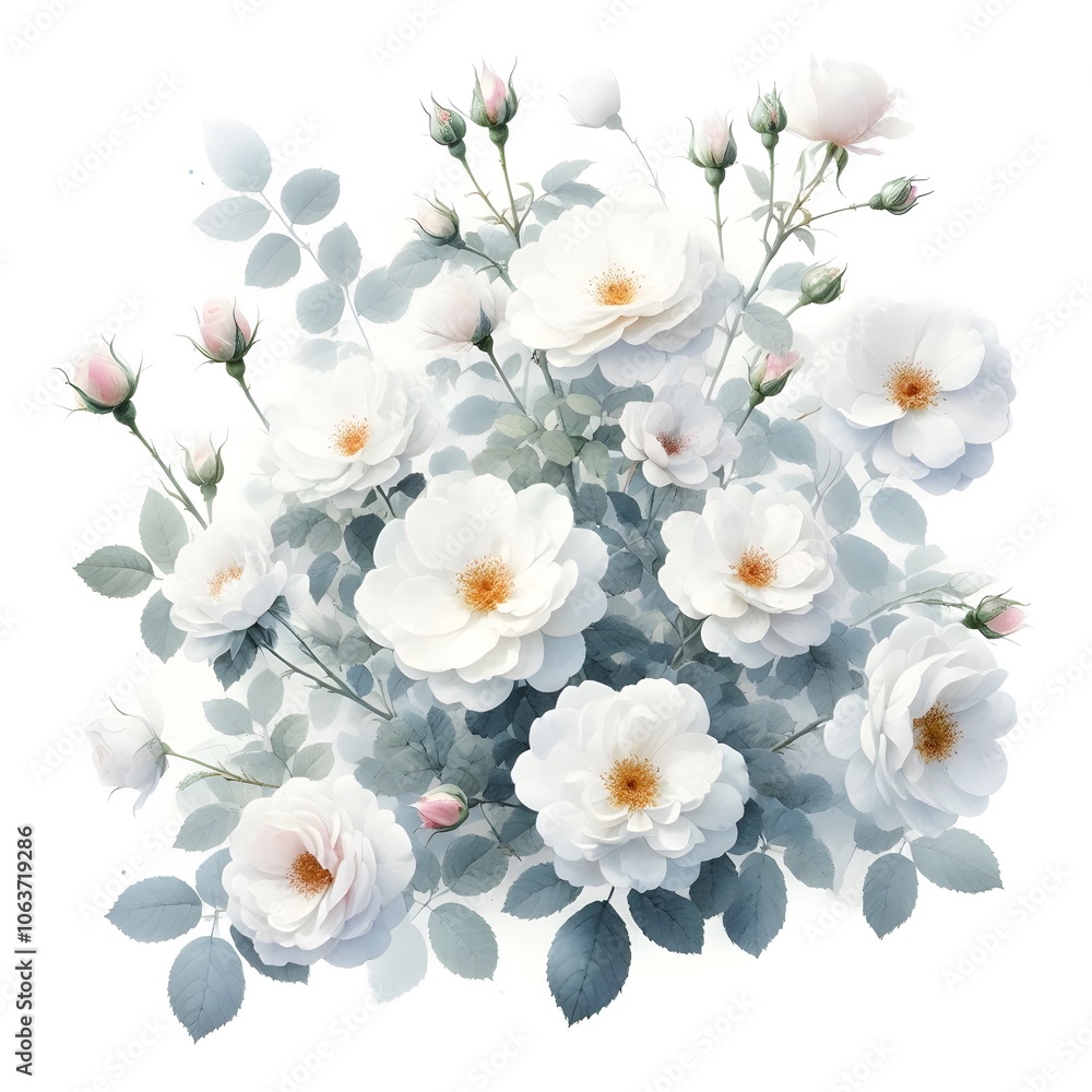 Obraz premium 흰 배경, 찔레꽃, 수채화 (white background, Multiflora rose, water colour)
