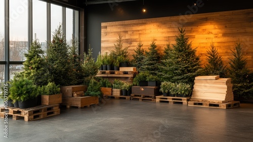 This indoor scene shows a collection of potted Christmas trees artistically arranged on wooden pallets, set against a warm wooden backdrop under soft lighting for a cozy effect. photo