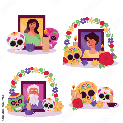 Vector set dedicated to the day of death: altars with portraits of deceased relatives