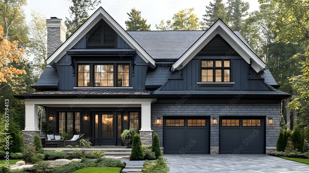 Modern House Exterior Design with Black Siding and Stone Accents - Photo Modern House Exterior Design with Black Siding and Stone Accents - Photo