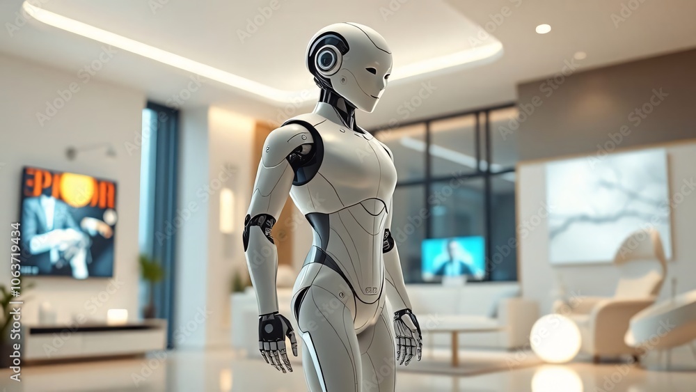 Futuristic Humanoid Robot in Modern High-Tech Living Room Setting Futuristic Humanoid Robot in Modern High-Tech Living Room Setting