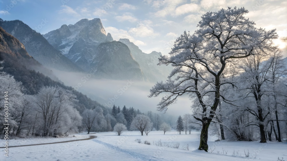 Serene Winter Landscape Featuring Ink Washed Mountains and Bare Trees Blanketed in Soft Snow Serene Winter Landscape Featuring Ink Washed Mountains and Bare Trees Blanketed in Soft Snow