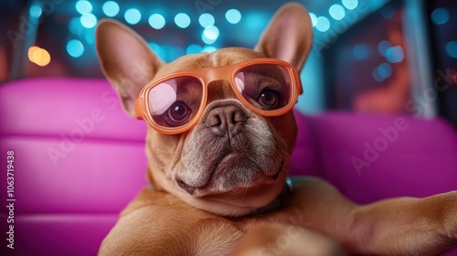 A French Bulldog sporting glasses in a vibrant setting with colorful lights. The atmosphere is lively and festive, mirroring a joyful gathering or celebration. photo