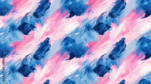 Seamless pattern of pink and blue abstract paint texture featuring dynamic brush strokes for textile or wallpaper design