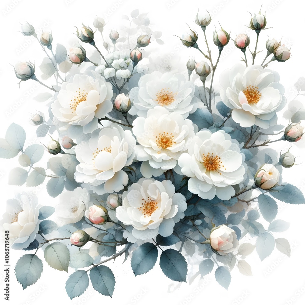 Obraz premium 흰 배경, 찔레꽃, 수채화 (white background, Multiflora rose, water colour)