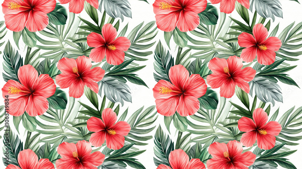 Watercolor seamless pattern featuring tropical leaves and flowers including palms and hibiscus ideal for swimwear botanical designs Watercolor seamless pattern featuring tropical leaves and flowers including palms and hibiscus ideal for swimwear botanical designs