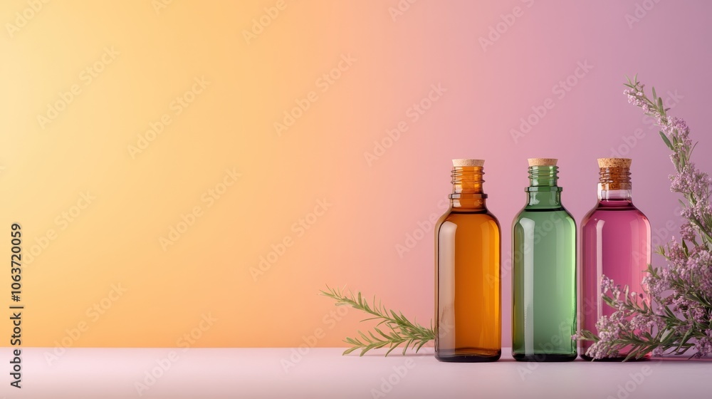 Three glass bottles with cork lids containing liquids, placed alongside green plants on a multicolor gradient background, creating a soothing atmosphere. Three glass bottles with cork lids containing liquids, placed alongside green plants on a multicolor gradient background, creating a soothing atmosphere.