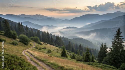 Soft Dawn Light Casts Gentle Glow on Ethereal Mountains Creating a Serene and Dreamy Landscape