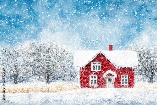 Winter wonderland with cozy red house in snowfall