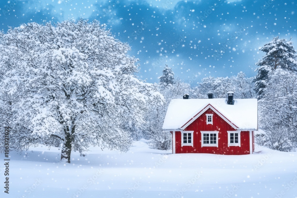 Enchanting red cabin in serene snowy landscape starry sky Enchanting red cabin in serene snowy landscape starry sky
