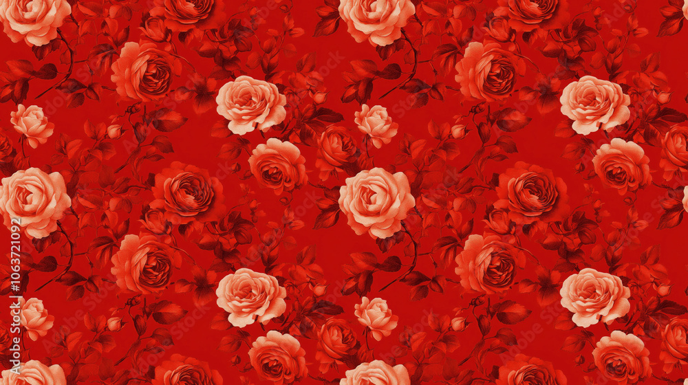 Modern floral design featuring a seamless pattern of vibrant rose motifs on a rich red backdrop ideal for textile and wallpaper applications Modern floral design featuring a seamless pattern of vibrant rose motifs on a rich red backdrop ideal for textile and wallpaper applications