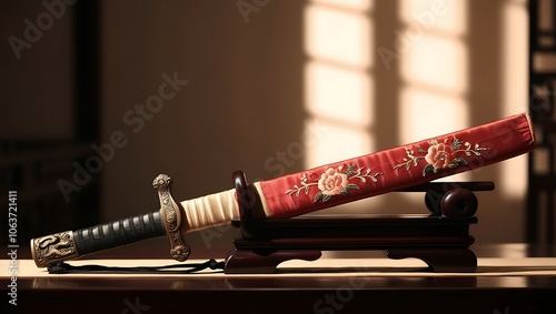 A traditional Chinese sword with a red embroidered scabbard rests on a wooden stand.