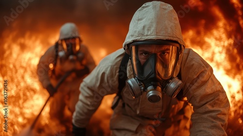 Two firefighters in protective suits and gas masks move determinedly through a burning building, embodying courage and resilience amidst chaos. photo