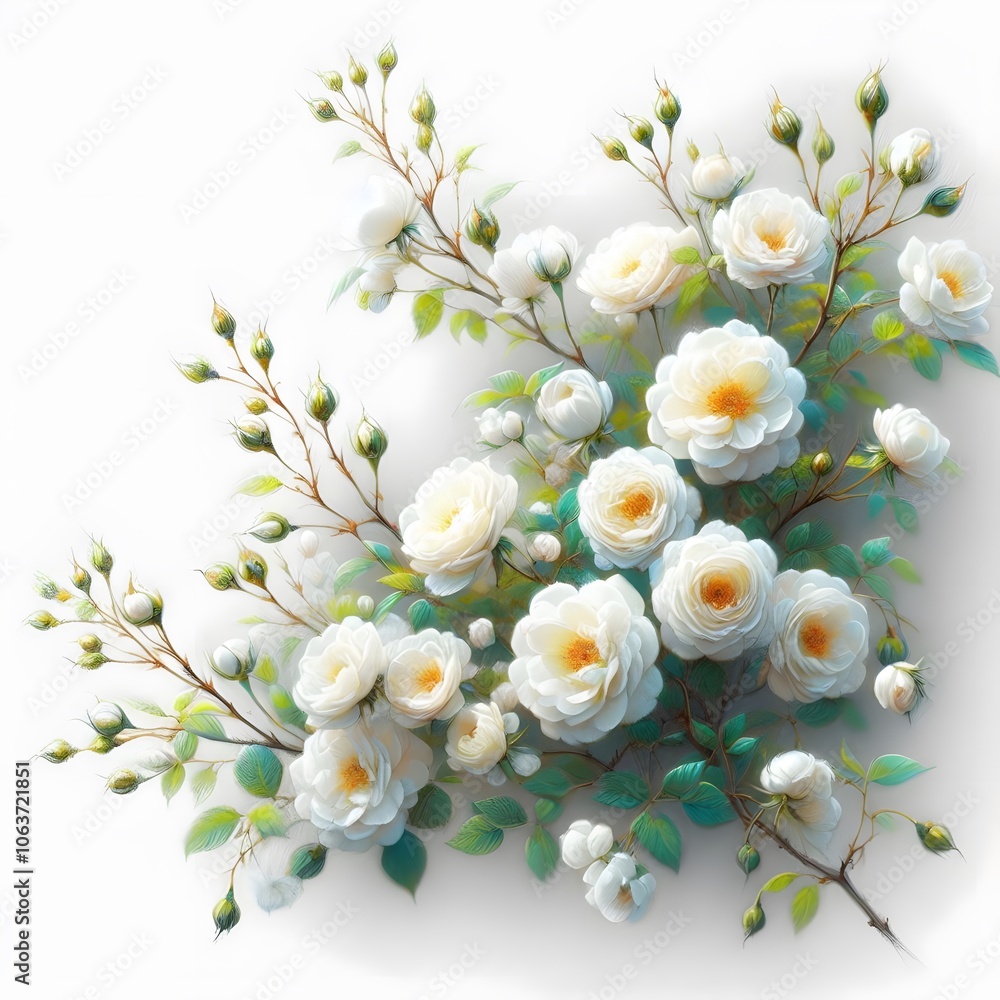 Fototapeta premium 흰 배경, 찔레꽃, 파스텔화 (white background, Multiflora rose, pastel painting)