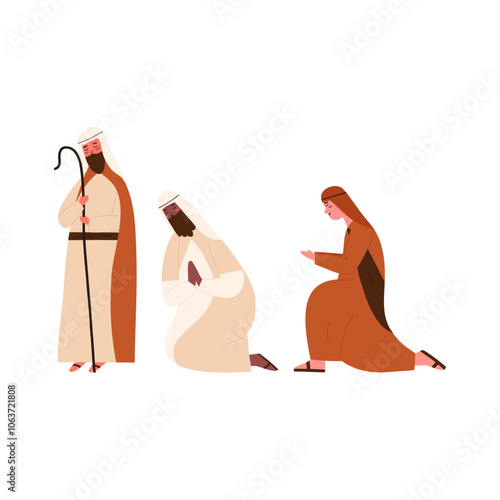 Three shepherds kneeling, cartoon flat vector illustration isolated on white background. Christmas nativity scene design element. Christianity concept.