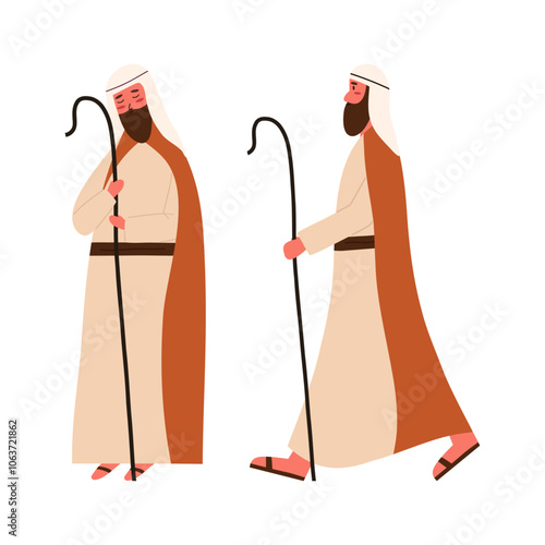 Shepherd walking and kneeling, nativity scene, cartoon flat vector illustration isolated on white background. Christmas character drawing. Christianity concept.