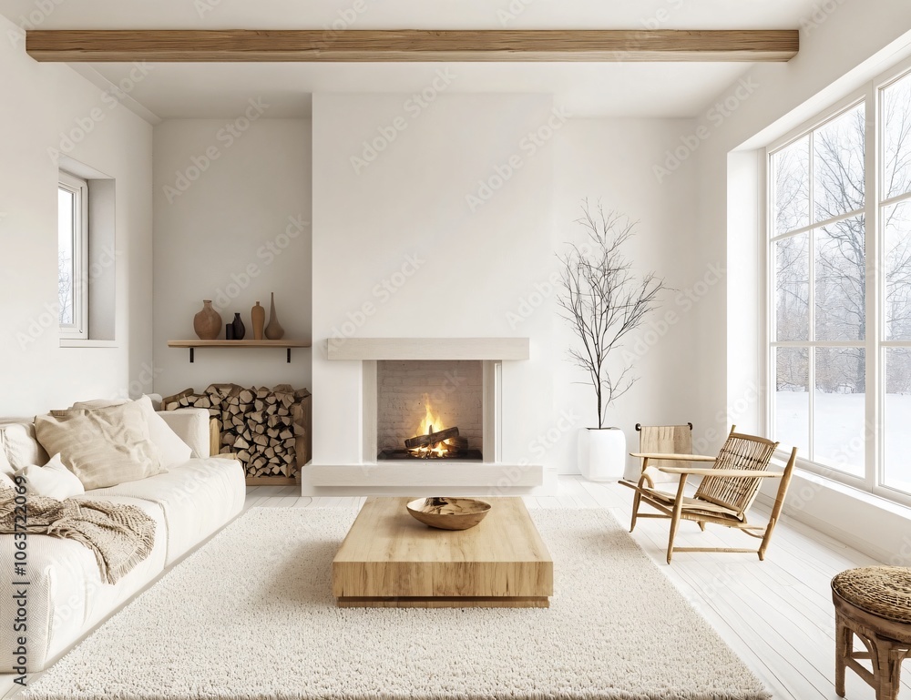 Fototapeta premium Cozy Minimalist Living Room with Fireplace and Large Window
